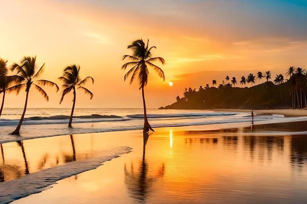 Palm trees on the beach at sunset