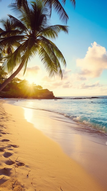 Palm trees on a beach at sunset