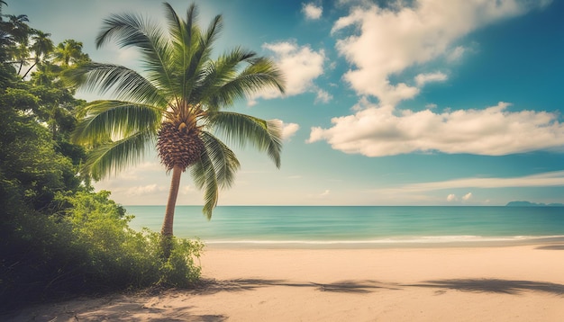 palm trees on a beach with a beautiful sky in the background