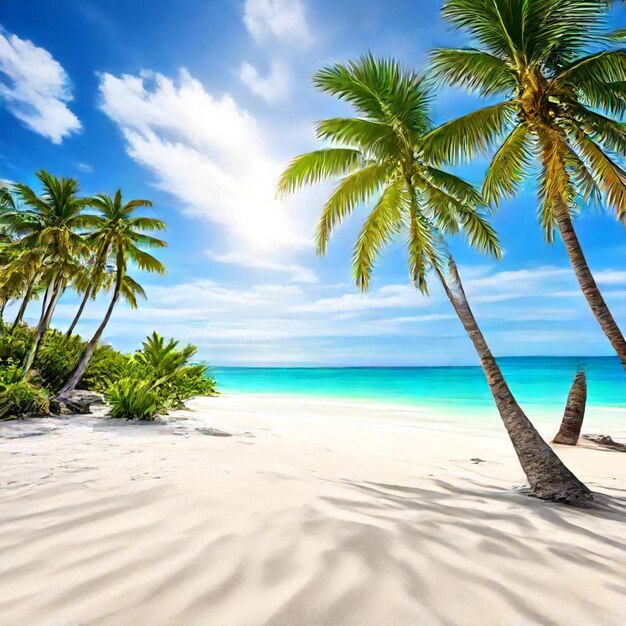 palm trees on a beach with a blue sky and a beach in the background