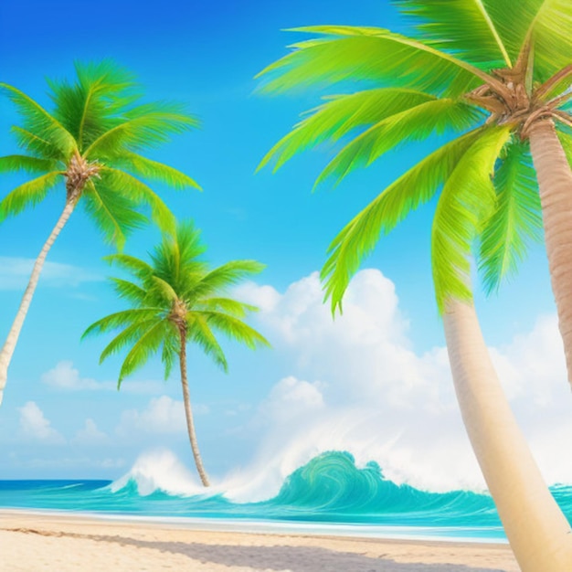 palm trees on a beach with a blue sky and a beach in the background