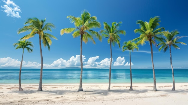 palm trees on the beach with a blue sky and clouds in the background