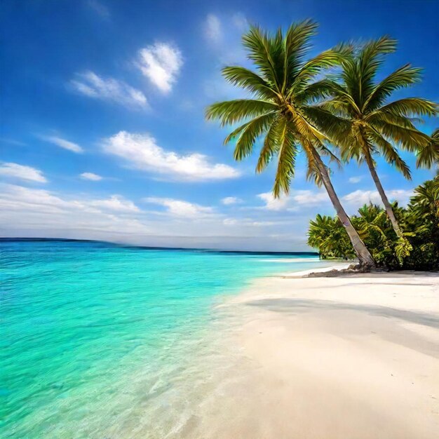 palm trees on a beach with a blue sky and clouds