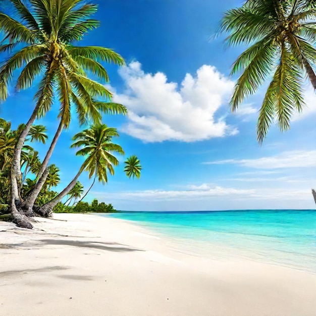 palm trees on a beach with a boat in the water