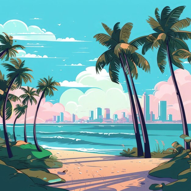 palm trees on the beach with a city in the background