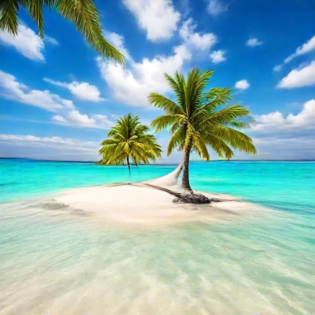 palm trees on a beach with a palm tree in the water