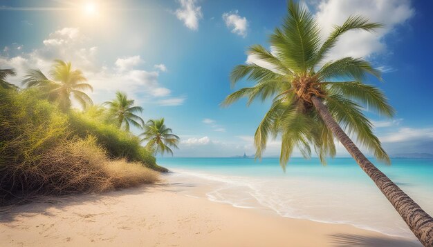 palm trees on a beach with a ship in the background