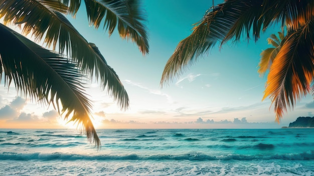 Palm trees on a beach with the sun setting behind them