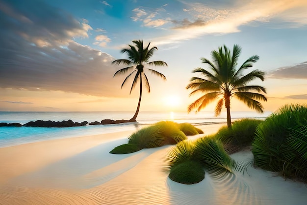 Palm trees on a beach with a sunset in the background