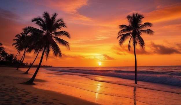 palm trees on the beach with sunset in the background