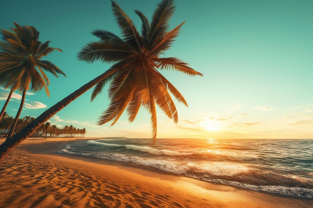 Palm trees on a beach with a sunset in the background