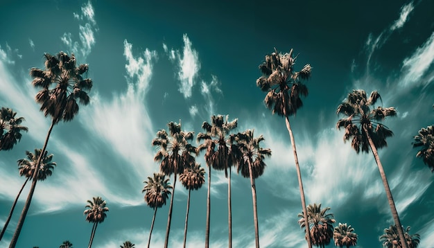 Palm trees in a blue sky with clouds and a palm tree in the foreground.