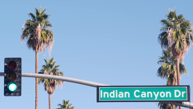 Palm trees in city near los angeles street road sign semaphore traffic lights