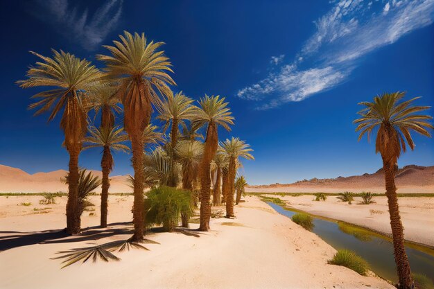 Palm trees and clear blue skies in oasis surrounded by desert created with generative ai