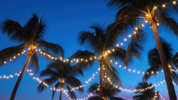 Palm trees dressed in Christmas garlands and fairy lights during the night