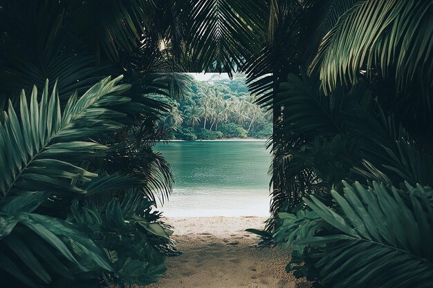 Photo palm trees frame view of ocean and sandy beach