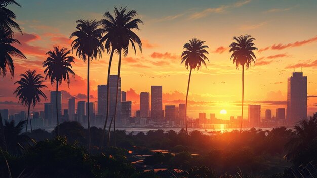 Photo palm trees in front of a sunset with palm trees in the foreground