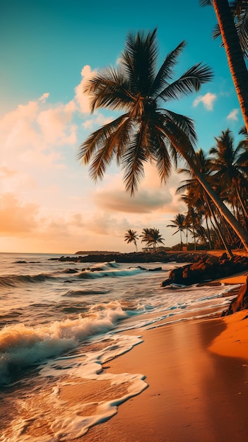 palm trees line beach sunset waves crashing sand amazing view panoramic scenery paradise late