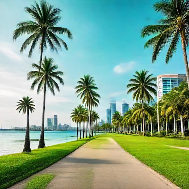 palm trees line the sidewalk along the water