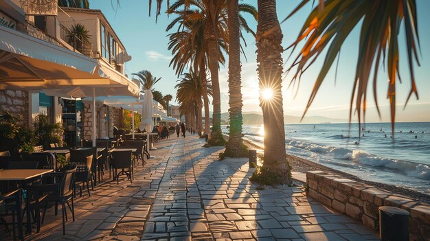 Palm trees line a stone walkway along the beach with the sun shining through