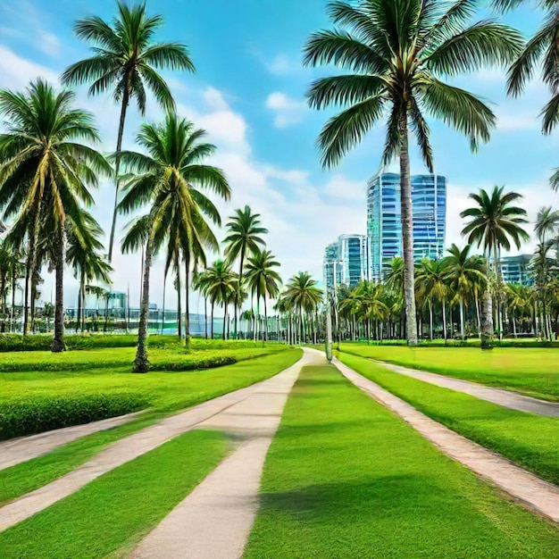 palm trees line the walkway to the beach