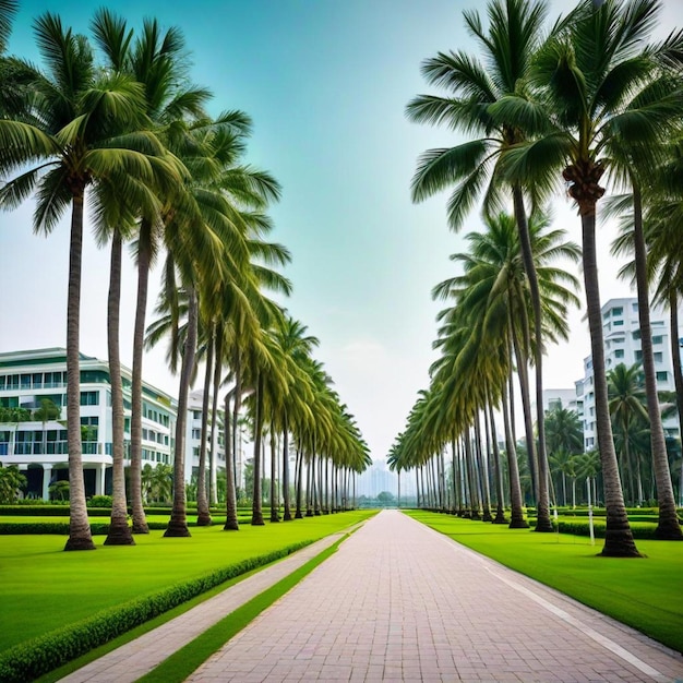 palm trees line a walkway with a building in the background