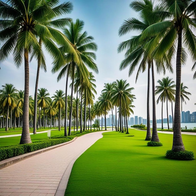 palm trees line a walkway with a walkway in the background