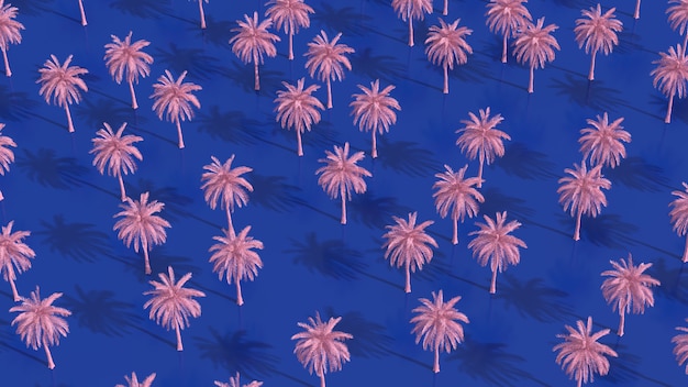 Palm trees pattern. Blue background. Abstract illustration, 3d render.