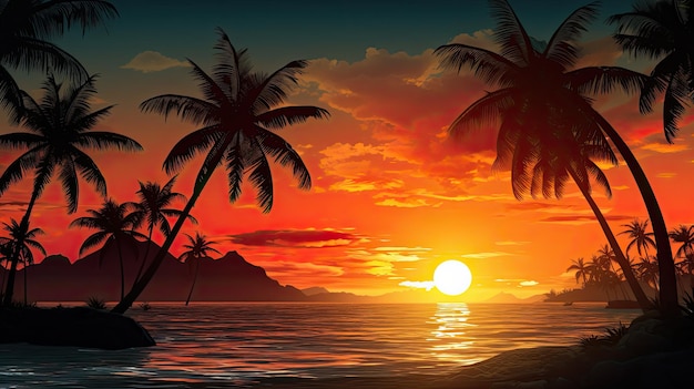 Palm trees silhouetted at sunset in the tropics