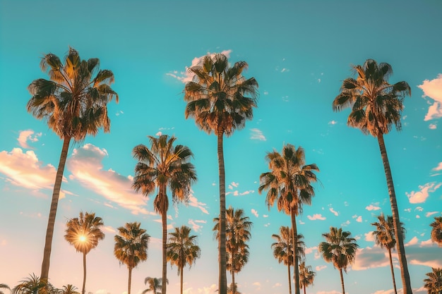 Palm trees and sky against a blue sky background in tropical sunset