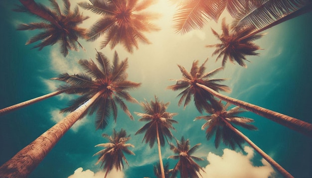 palm trees in the sky with sun and clouds