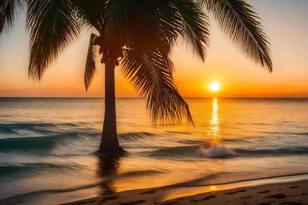 A Palm trees on a small island with a beautiful sunset in the background