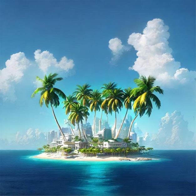 Palm trees stand between houses on an island in the ocean