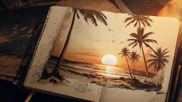 Palm Trees at Sunset in a Sketchbook