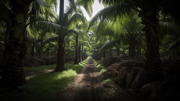 Palm trees in a tropical forest with a road in the middle Generative AI