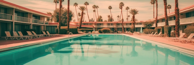 Palm trees and vintage hotel pool Generative AI