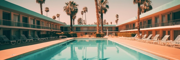 Palm trees and vintage hotel pool Generative AI