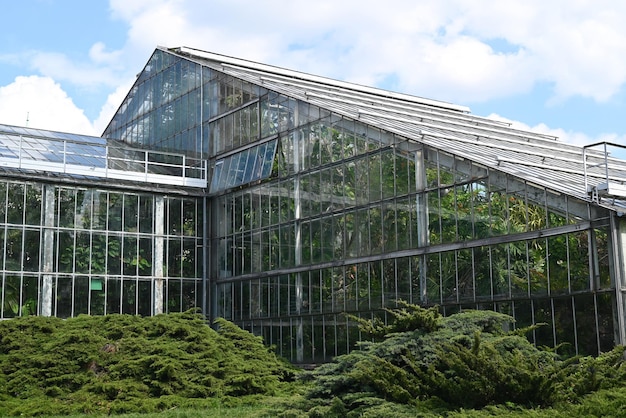 Palmiarnia building in the Park Wilsona Poznan Beautiful glass house in the city Greenhouse with