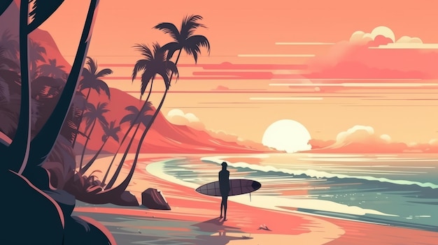 Palmier Surfer Sunset Beach Generative AI