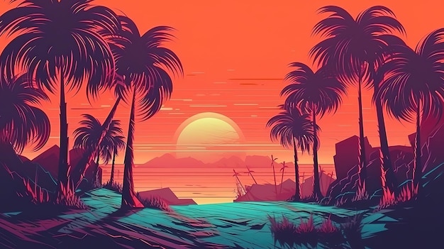 Palms and beach retro style Bright color Generative Ai