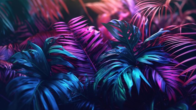 Palms in Detail A Closeup of Lush Neon Foliage Generative ai