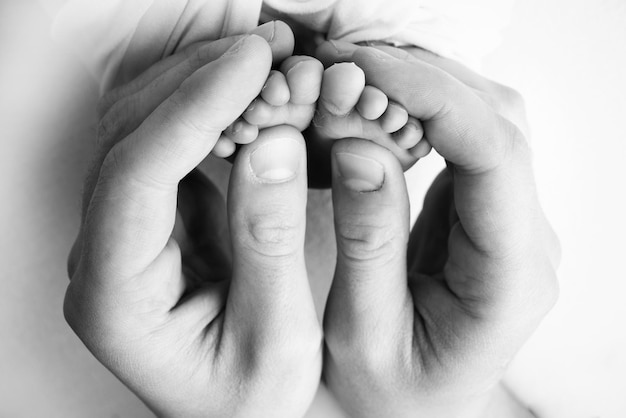 The palms of the parents A father and mother hold a newborn baby by the legs The feet of a newborn in the hands of parents Photo of foot heels and fingers Black and white studio macro photography