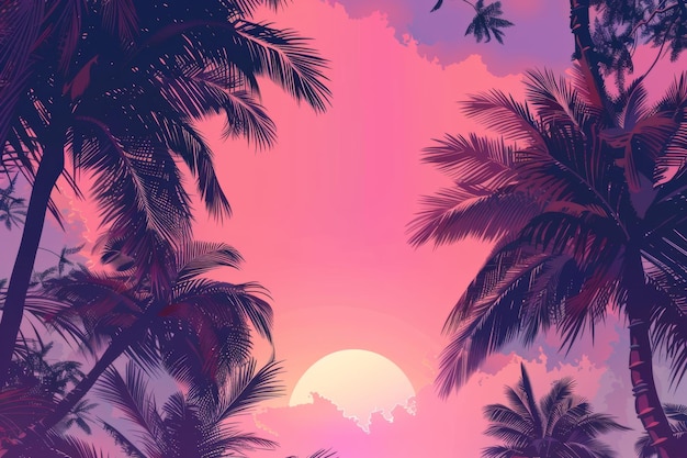 palms on the pink sky background on the sunset