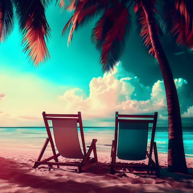 Palmtrees and beach chairs on a beach Holiday and summer vibes