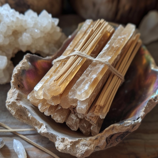 Palo Santo sticks with clear natural crystals in sea shell Meditation aromatherapy health concept