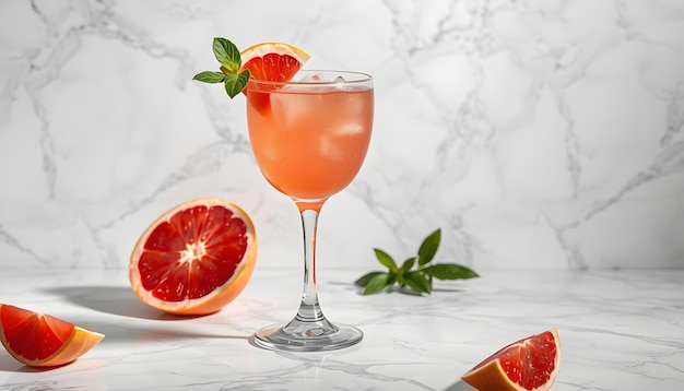 paloma cocktail with grapefruite on marble background isolated with white highlights