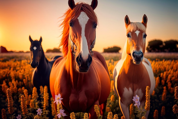 Palomino horsess standing flowers Generative AI