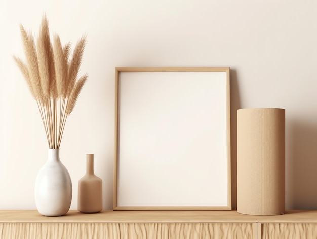 Pampas grass in vase and vertical frame on wooden shelf