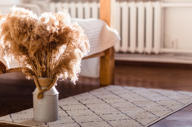 Pampas Grass in a White Jug by Bed