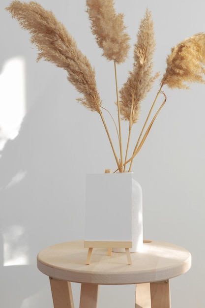 Pampas grass on wooden chair and white sign for text on background white wall Minimalism in interior